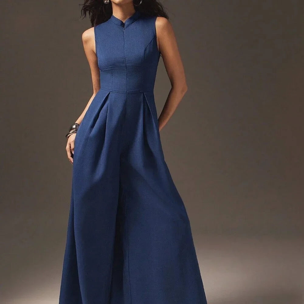 Blue Elegant Women's Wide Leg Zip Front Sleeveless Jumpsuit - Picture 5 of 5
